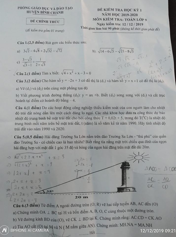 Đề kiểm tra HK1 môn Toán 9 huyện Bình Chánh 2019-2020