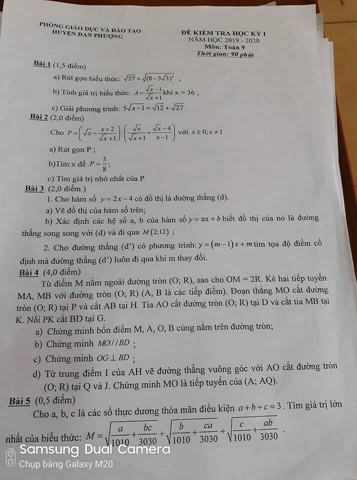 Đề kiểm tra HK1 môn Toán 9 huyện Đan Phượng 2019-2020
