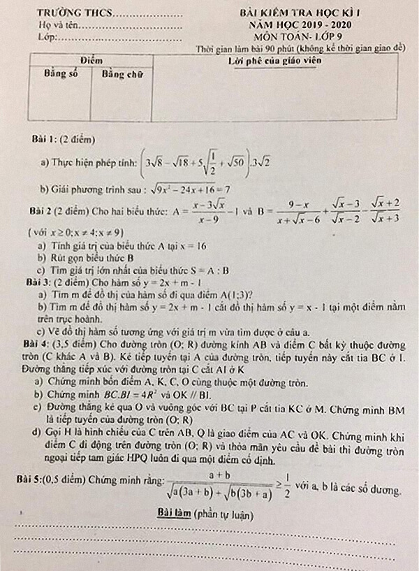 Đề kiểm tra HK1 môn Toán 9 huyện Hoài Đức 2019-2020
