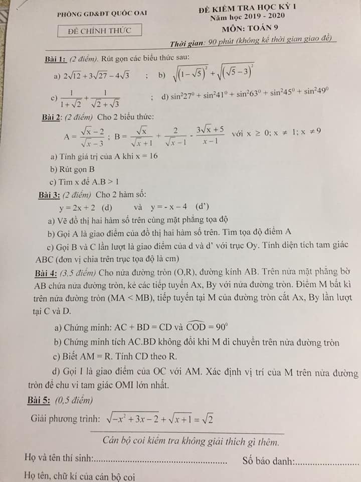 Đề kiểm tra HK1 môn Toán 9 huyện Quốc Oai 2019-2020