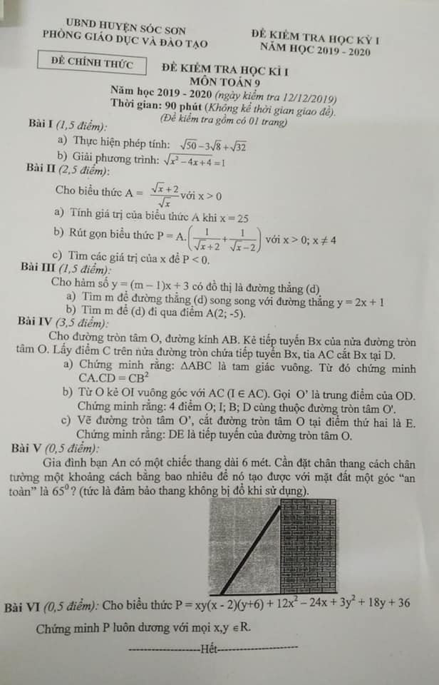 Đề kiểm tra HK1 môn Toán 9 huyện Sóc Sơn 2019-2020