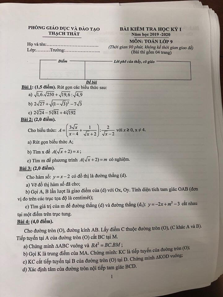 Đề kiểm tra HK1 môn Toán 9 huyện Thạch Thất 2019-2020