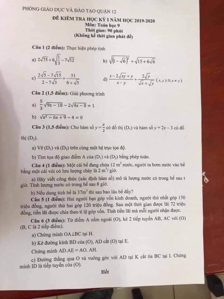 Đề kiểm tra HK1 môn Toán 9 quận 12 năm 2019-2020