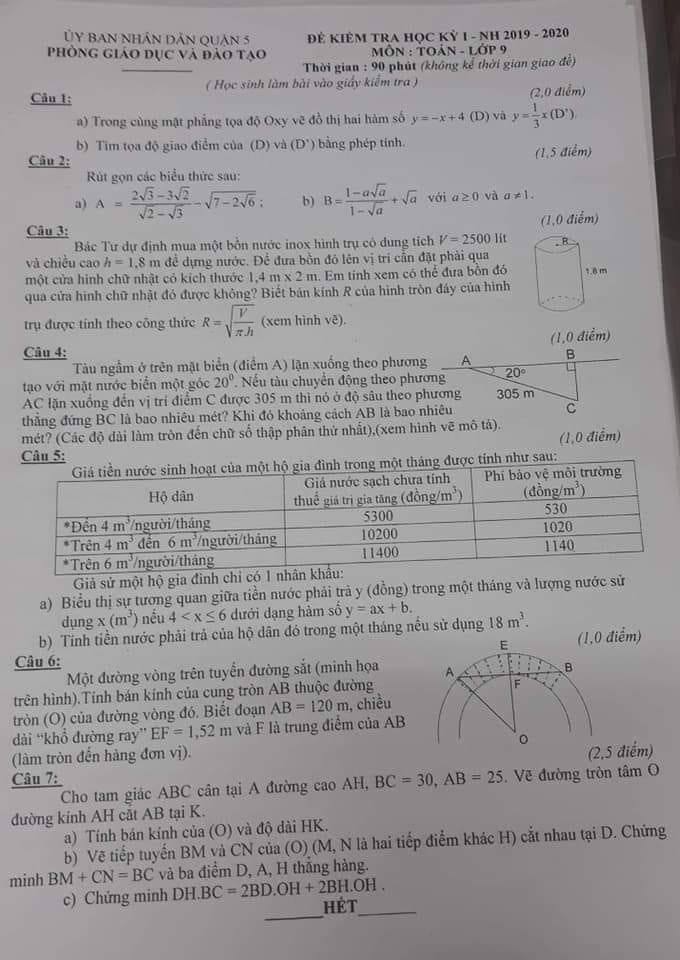 Đề kiểm tra HK1 môn Toán 9 quận 3 năm 2019-2020