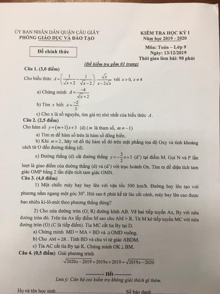 Đề kiểm tra HK1 môn Toán 9 quận Cầu Giấy 2019-2020