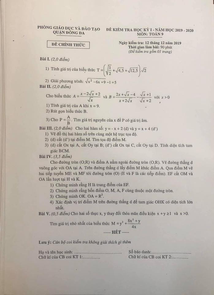 Đề kiểm tra HK1 môn Toán 9 quận Đống Đa 2019-2020