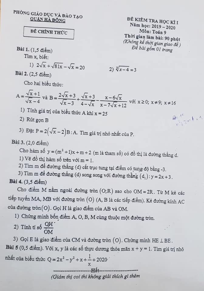 Đề kiểm tra HK1 môn Toán 9 quận Hà Đông 2019-2020