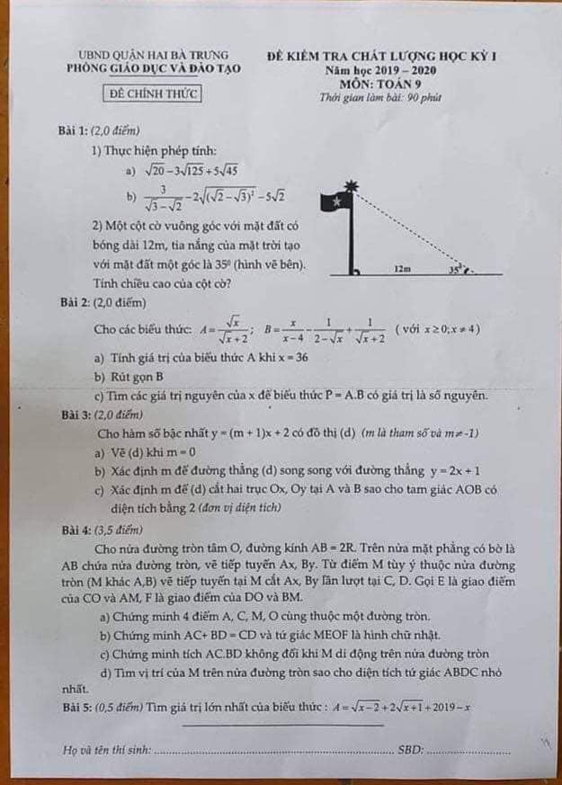 Đề kiểm tra HK1 môn Toán 9 quận Hai Bà Trưng 2019-2020 có đáp án