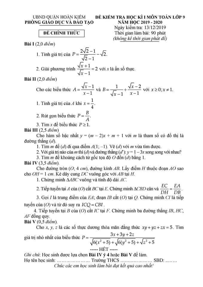 Đề kiểm tra HK1 môn Toán 9 quận Hoàn Kiếm 2019-2020 có đáp án