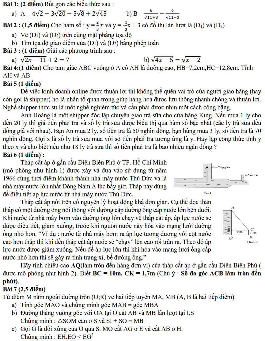 Đề kiểm tra HK1 môn Toán 9 quận Hóc Môn 2019-2020