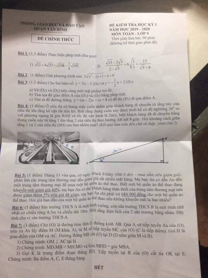 Đề kiểm tra HK1 môn Toán 9 quận Tân Bình 2019-2020