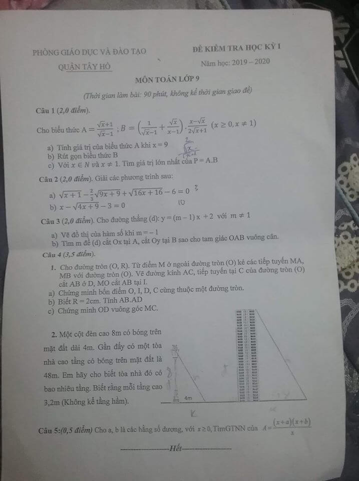 Đề kiểm tra HK1 môn Toán 9 quận Tây Hồ 2019-2020