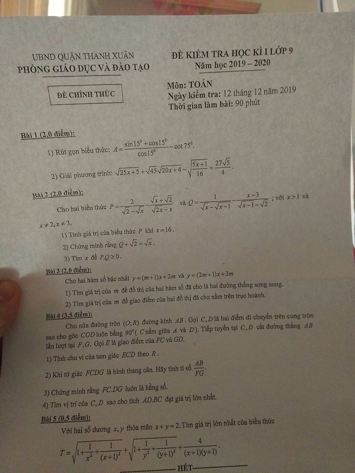 Đề kiểm tra HK1 môn Toán 9 quận Thanh Xuân 2019-2020
