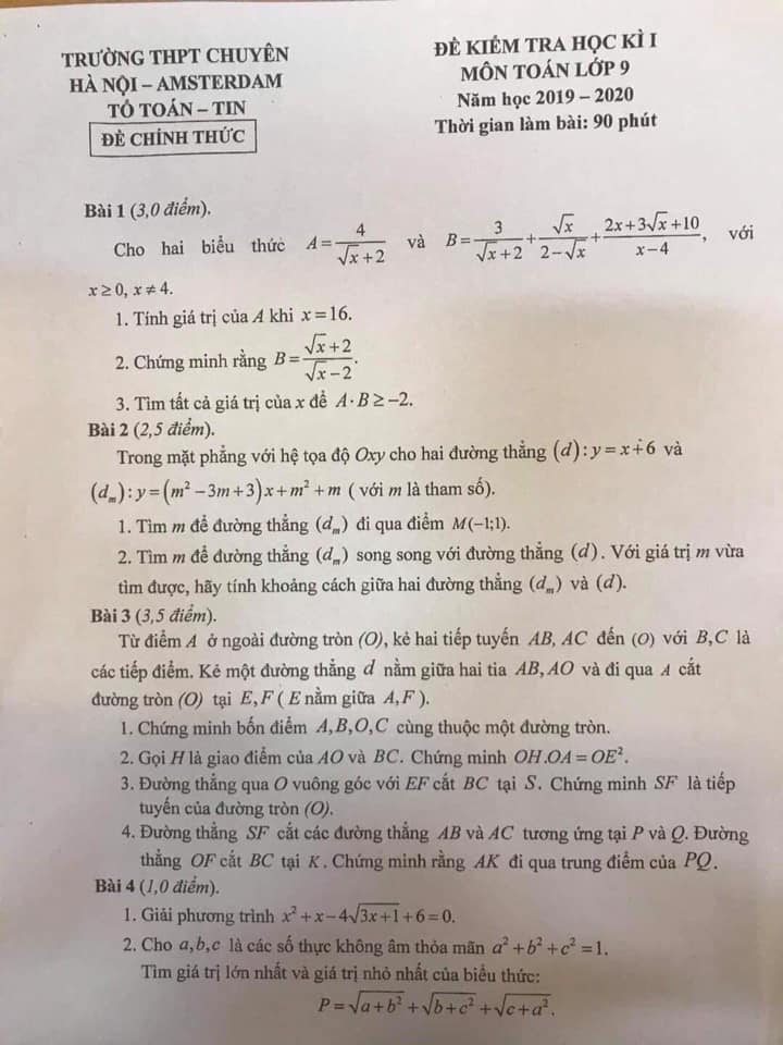 Đề kiểm tra HK1 môn Toán 9 THPT chuyên Hà Nội - Amsterdam 2019-2020