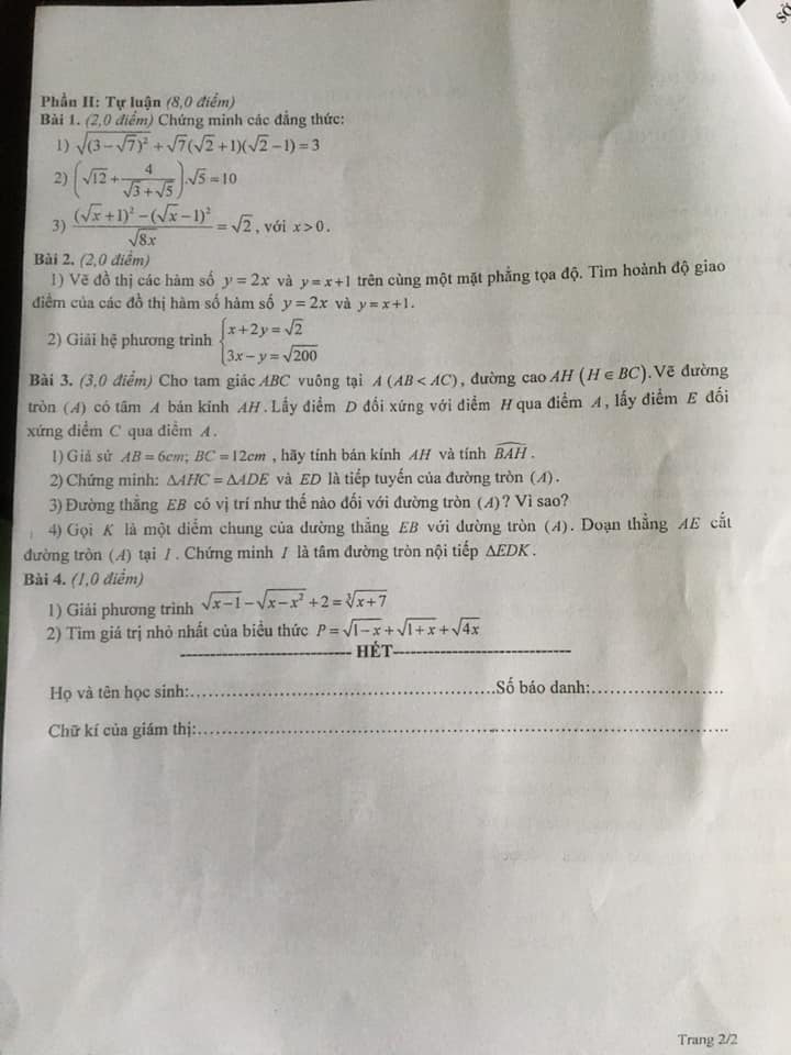 Đề kiểm tra HK1 môn Toán 9 tỉnh Nam Định năm 2019-2020-1