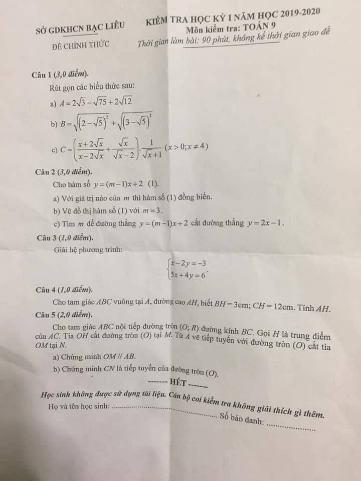 Đề thi HK1 môn Toán 9 tỉnh Bạc Liêu 2019-2020