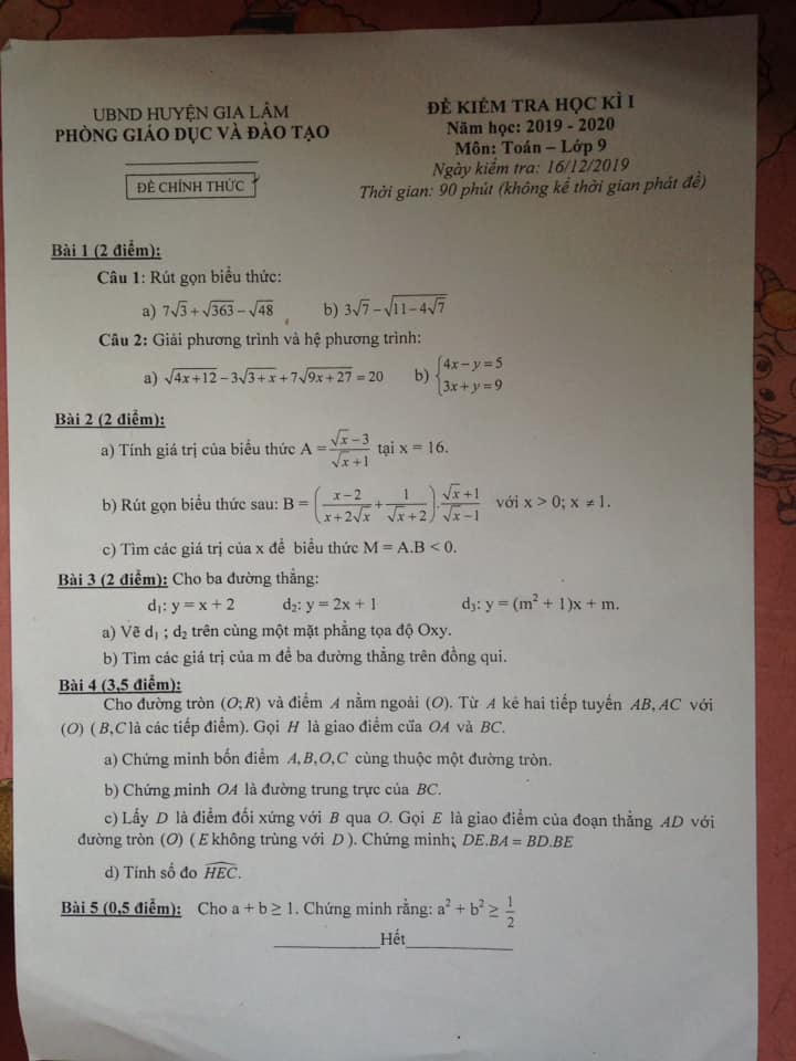 Đề kiểm tra HK1 môn Toán 9 huyện Gia Lâm 2019-2020