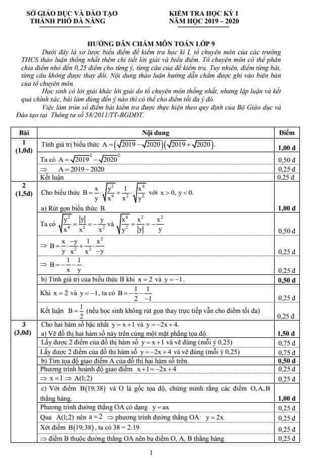 Đề kiểm tra HK1 môn Toán 9 TP Đà Nẵng 2019-2020 có đáp án-1