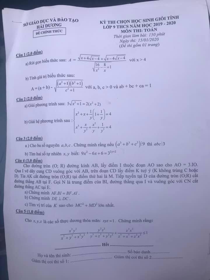 Đề thi HSG Toán 9 tỉnh Hải Dương 2019-2020