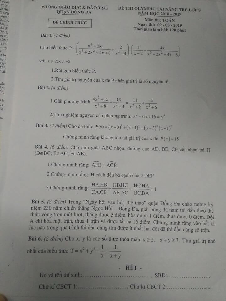 Đề thi Olympic tài năng trẻ lớp 8 môn Toán quận Đống Đa 2018-2019