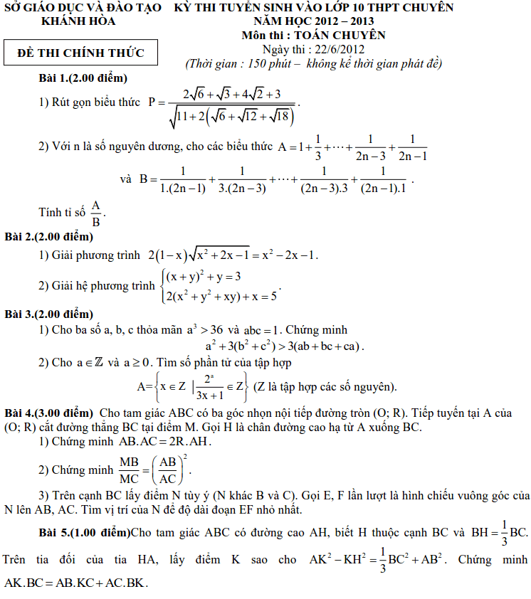 Đề thi Toán vào 10 THPT chuyên Khánh Hòa 2012-2013 có đáp án