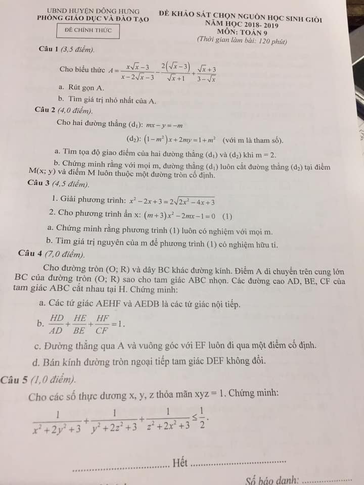 Đề khảo sát chọn nguồn HSG Toán 9 huyện Đông Hưng 2018-2019
