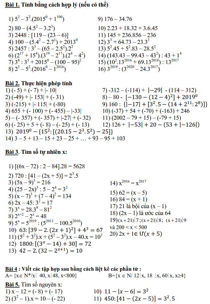 Phiếu bài tập Toán lớp 6 ôn tập nghỉ dịch Corona